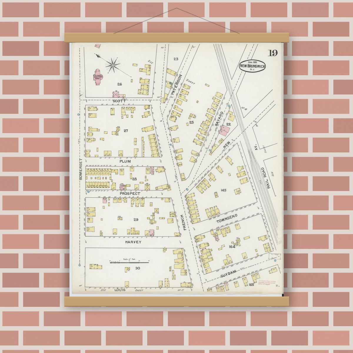 Old map wall art mockup — magnetic wood frame on brick wall — Sanborn Fire Insurance Map from New Brunswick, Middlesex County, New Jersey (1892), Sheet #0019