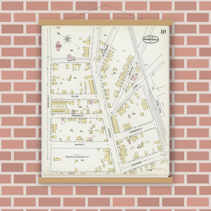 Old map wall art mockup — magnetic wood frame on brick wall — Sanborn Fire Insurance Map from New Brunswick, Middlesex County, New Jersey (1892), Sheet #0019