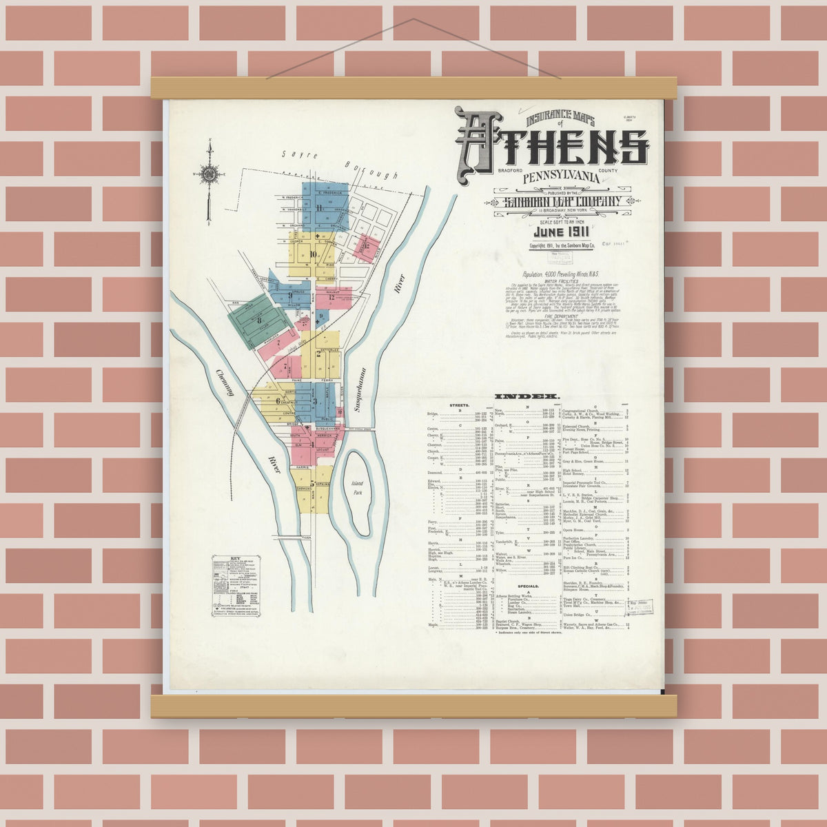 Old map wall art mockup — magnetic wood frame on brick wall — Sanborn Fire Insurance Map from Athens, Bradford County, Pennsylvania (1911) - Complete Map Set