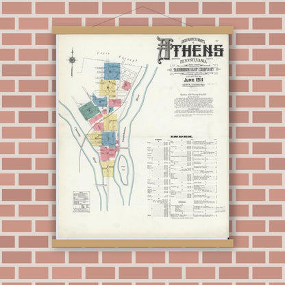 Old map wall art mockup — magnetic wood frame on brick wall — Sanborn Fire Insurance Map from Athens, Bradford County, Pennsylvania (1911) - Complete Map Set