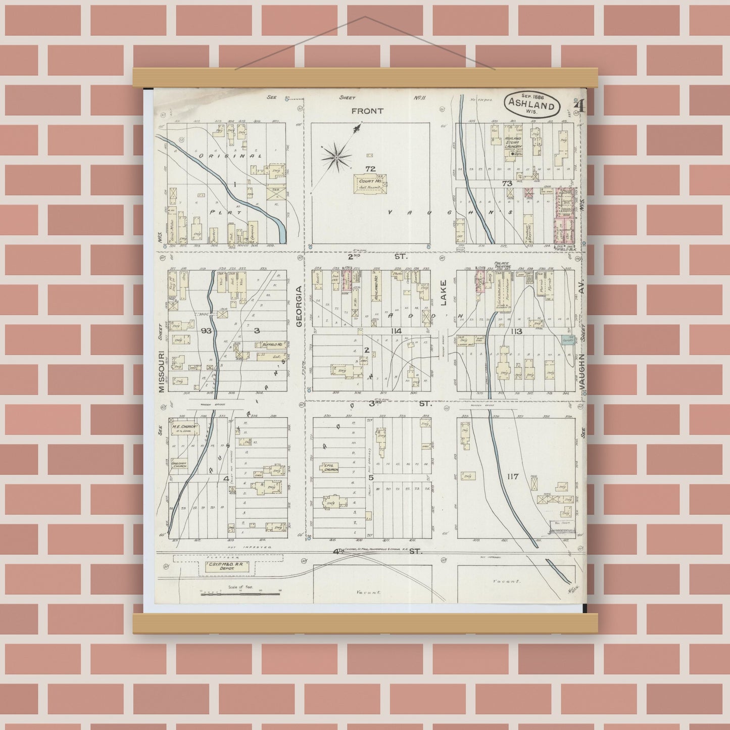 Old map wall art mockup — magnetic wood frame on brick wall — Sanborn Fire Insurance Map from Ashland, Ashland County, Wisconsin (1886), Sheet #0004
