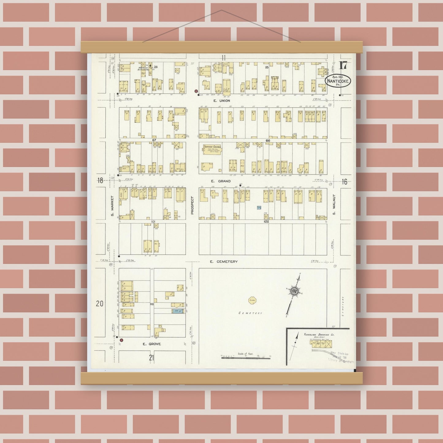 Old map wall art mockup — magnetic wood frame on brick wall — Sanborn Fire Insurance Map from Nanticoke, Luzerne County, Pennsylvania (1912), Sheet #0017