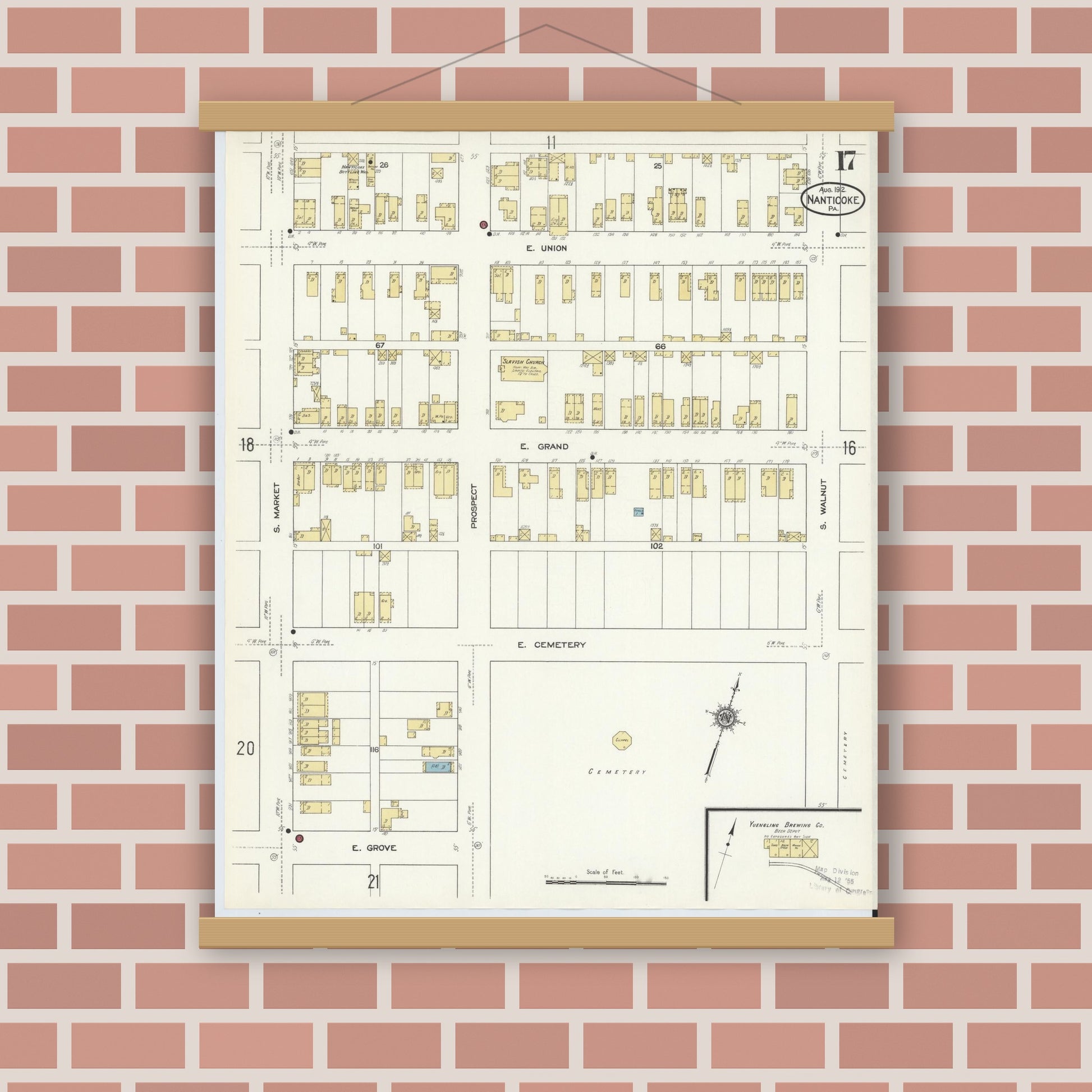 Old map wall art mockup — magnetic wood frame on brick wall — Sanborn Fire Insurance Map from Nanticoke, Luzerne County, Pennsylvania (1912), Sheet #0017