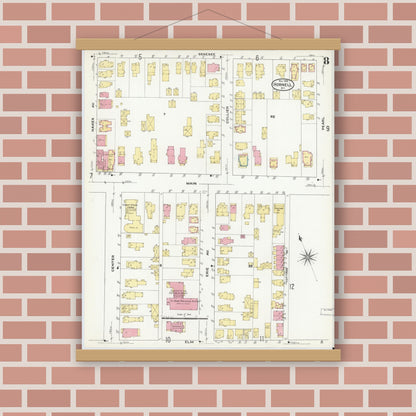 Old map wall art mockup — magnetic wood frame on brick wall — Sanborn Fire Insurance Map from Hornell, Steuben County, New York (1909), Sheet #0008