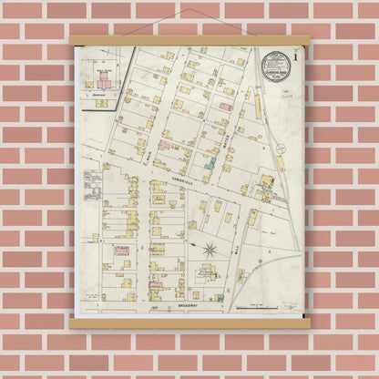 Old map wall art mockup — magnetic wood frame on brick wall — Sanborn Fire Insurance Map from Cumberland, Guernsey County, Ohio (1895), Sheet #0001