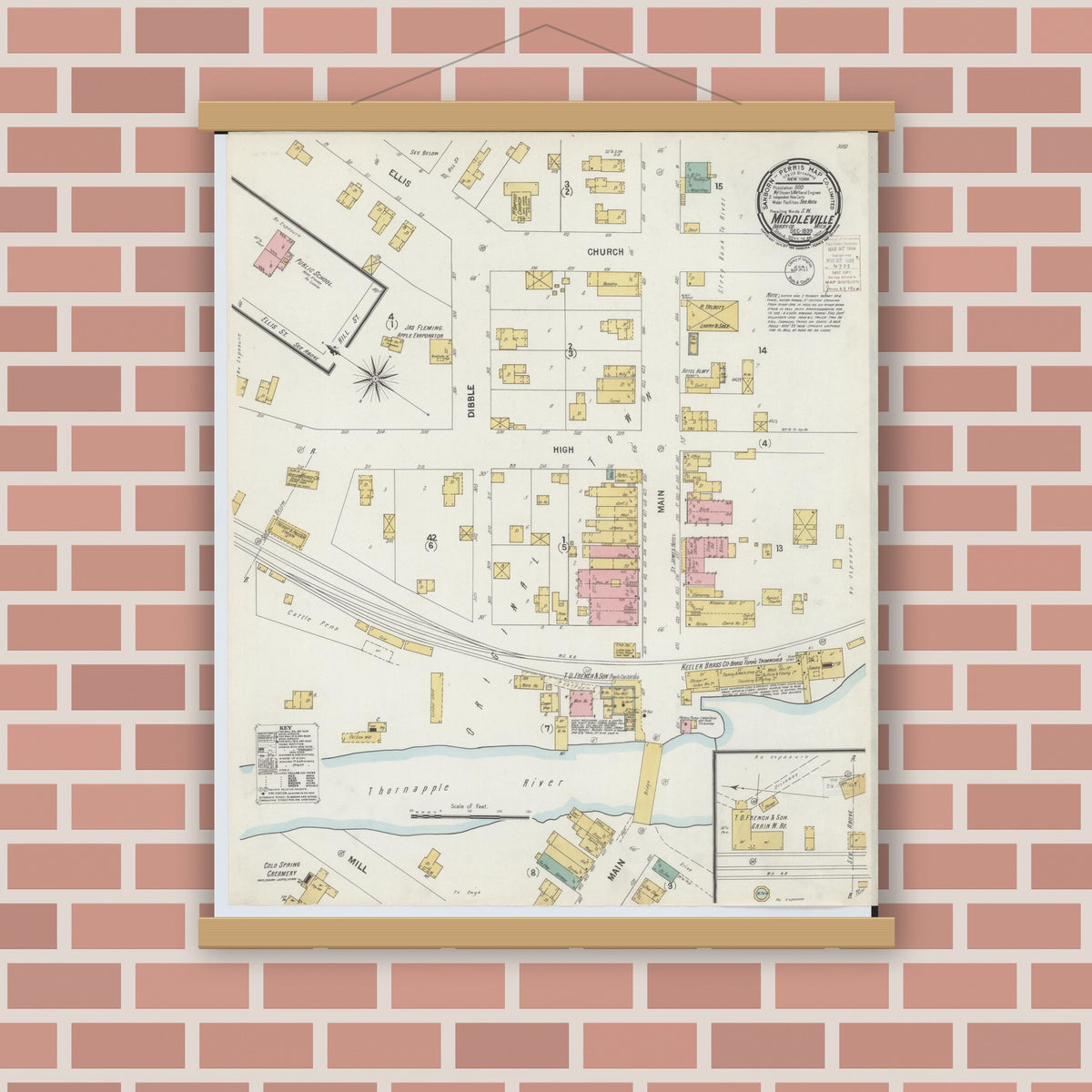 Old map wall art mockup — magnetic wood frame on brick wall — Sanborn Fire Insurance Map from Middleville, Barry County, Michigan (1899), Sheet #0001