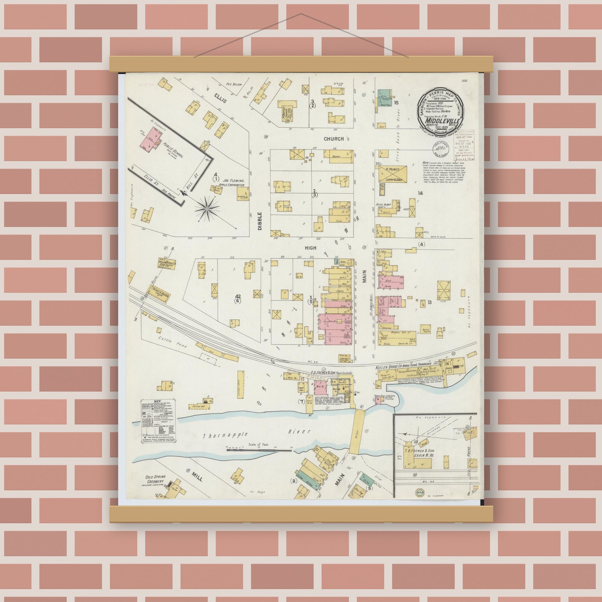 Old map wall art mockup — magnetic wood frame on brick wall — Sanborn Fire Insurance Map from Middleville, Barry County, Michigan (1899), Sheet #0001