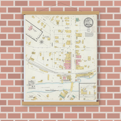 Old map wall art mockup — magnetic wood frame on brick wall — Sanborn Fire Insurance Map from Middleville, Barry County, Michigan (1899), Sheet #0001