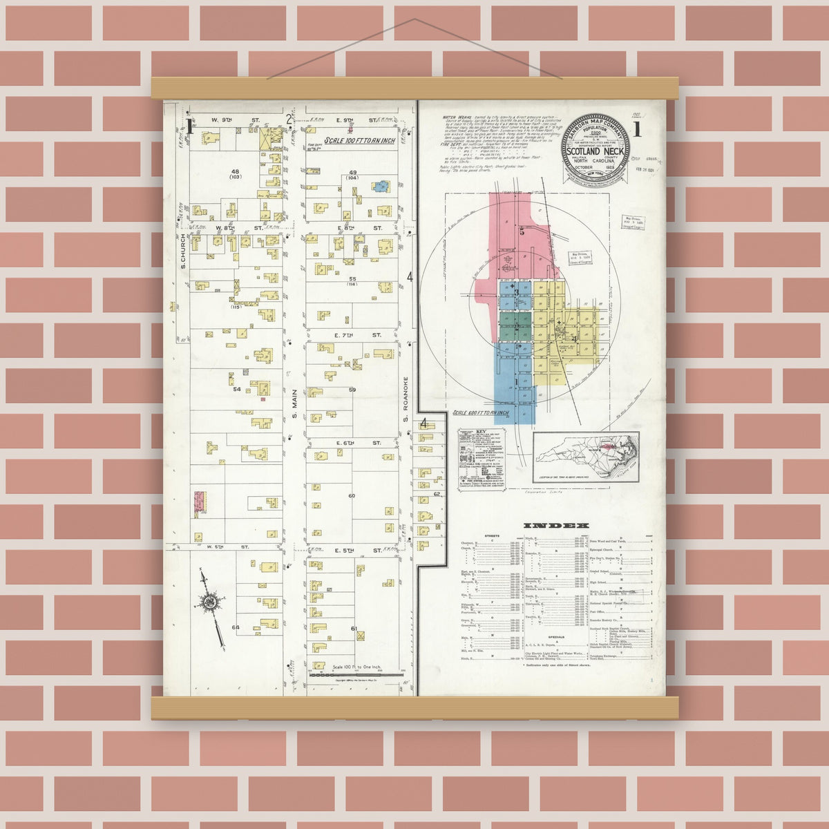 Old map wall art mockup — magnetic wood frame on brick wall — Sanborn Fire Insurance Map from Scotland Neck, Halifax County, North Carolina (1923) - Complete Map Set