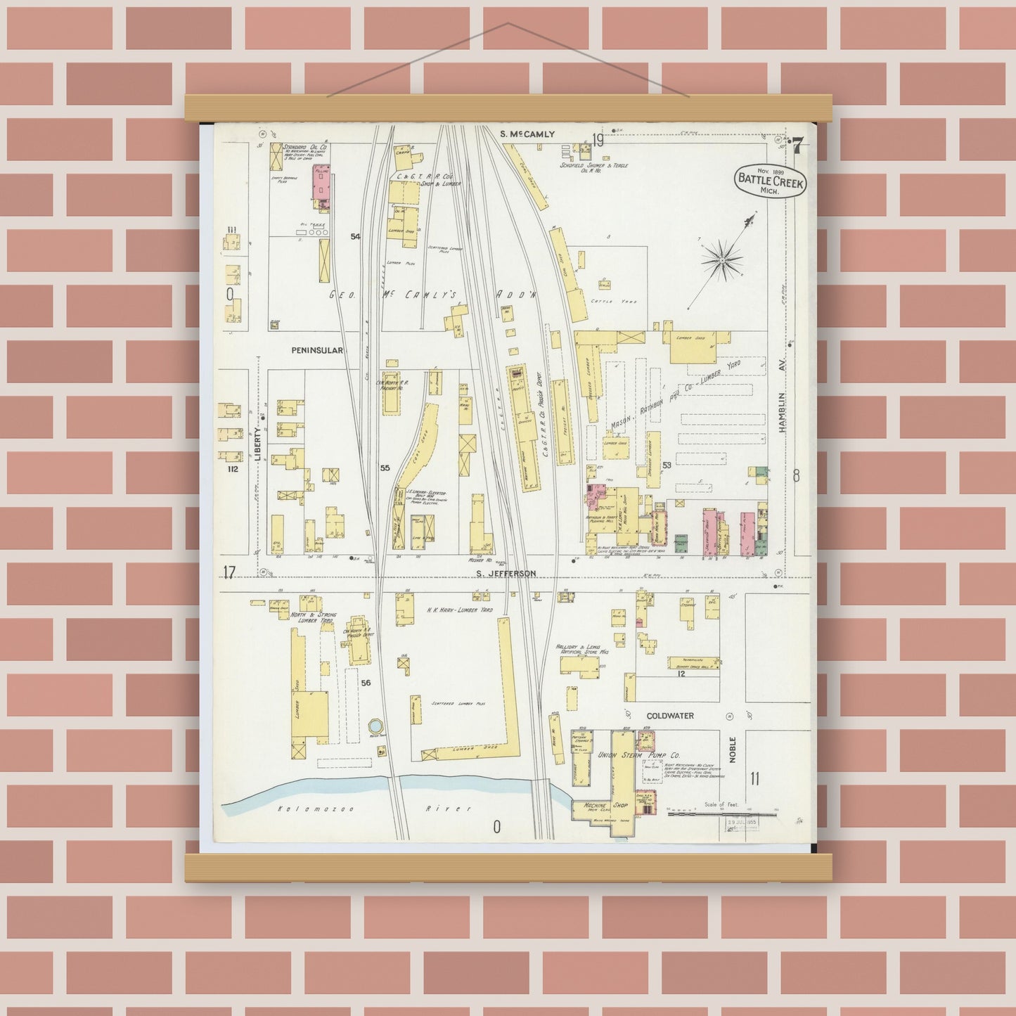 Old map wall art mockup — magnetic wood frame on brick wall — Sanborn Fire Insurance Map from Battle Creek, Calhoun County, Michigan (1899), Sheet #0007