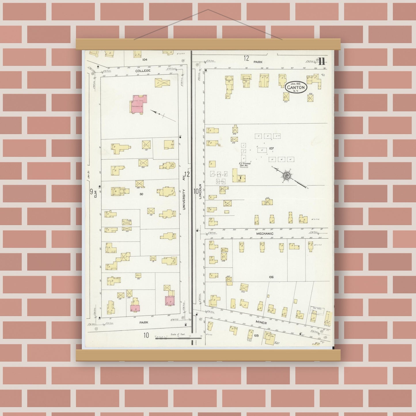 Old map wall art mockup — magnetic wood frame on brick wall — Sanborn Fire Insurance Map from Canton, St. Lawrence County, New York (1913), Sheet #0011