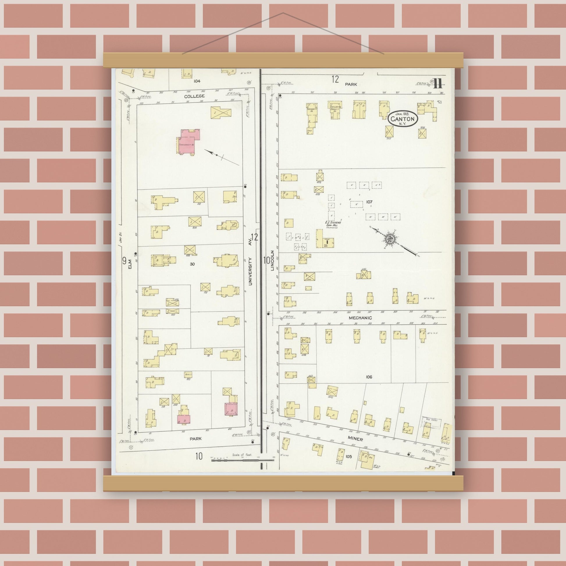 Old map wall art mockup — magnetic wood frame on brick wall — Sanborn Fire Insurance Map from Canton, St. Lawrence County, New York (1913), Sheet #0011