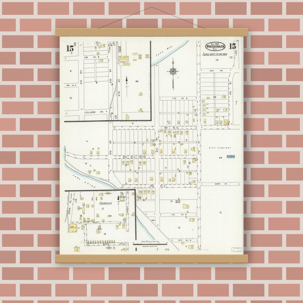 Old map wall art mockup — magnetic wood frame on brick wall — Sanborn Fire Insurance Map from Winter Haven, Polk County, Florida (1924), Sheet #0015