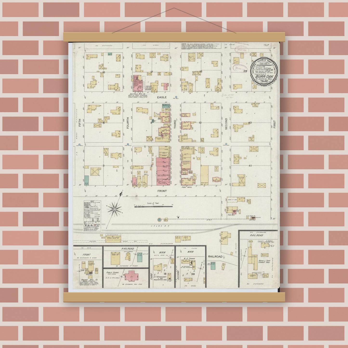 Old map wall art mockup — magnetic wood frame on brick wall — Sanborn Fire Insurance Map from Burr Oak, Saint Joseph County, Michigan (1899), Sheet #0001