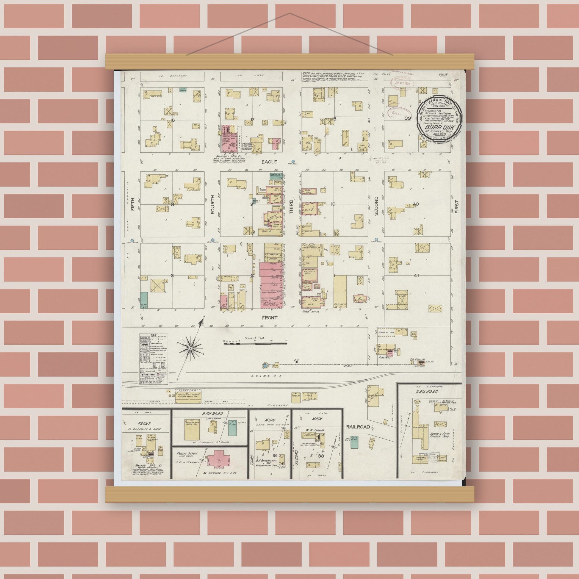 Old map wall art mockup — magnetic wood frame on brick wall — Sanborn Fire Insurance Map from Burr Oak, Saint Joseph County, Michigan (1899), Sheet #0001