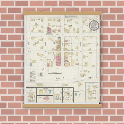 Old map wall art mockup — magnetic wood frame on brick wall — Sanborn Fire Insurance Map from Burr Oak, Saint Joseph County, Michigan (1899), Sheet #0001