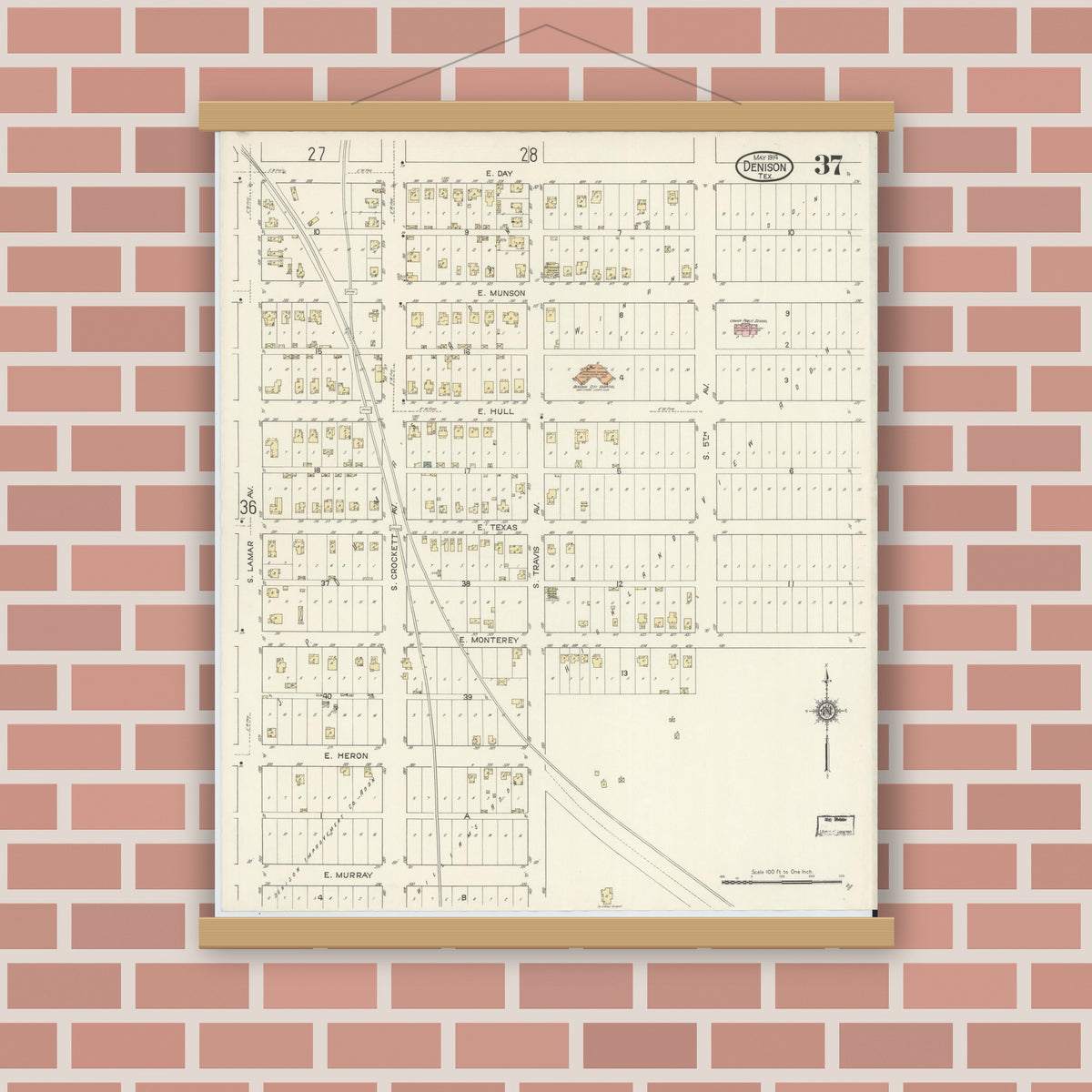Old map wall art mockup — magnetic wood frame on brick wall — Sanborn Fire Insurance Map from Denison, Grayson County, Texas (1914), Sheet #0037