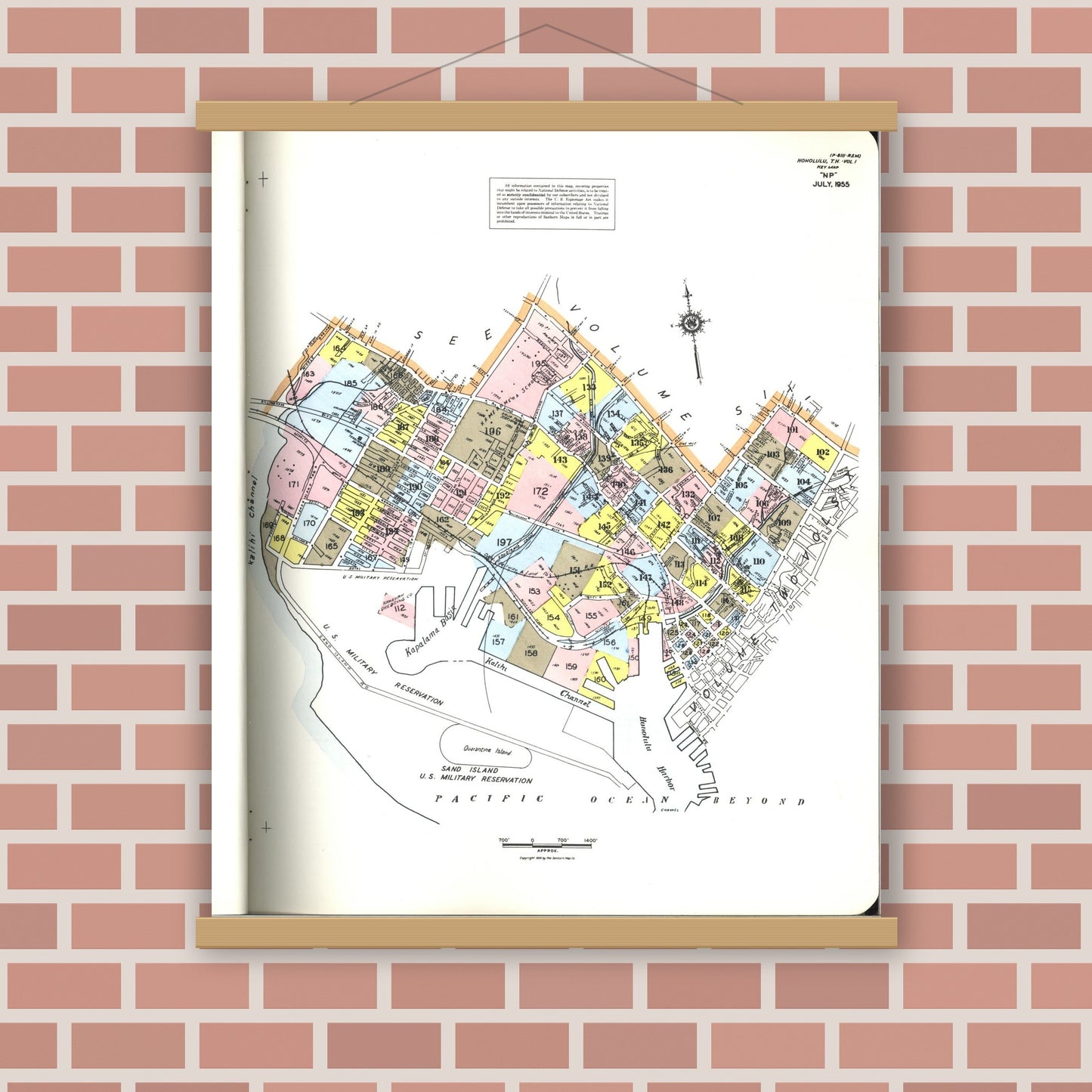 Old map wall art mockup — magnetic wood frame on brick wall — Sanborn Fire Insurance Map from Honolulu, Oahu County, Hawaii (1955), Sheet #0001