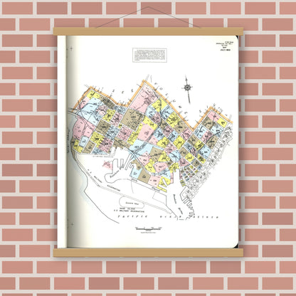 Old map wall art mockup — magnetic wood frame on brick wall — Sanborn Fire Insurance Map from Honolulu, Oahu County, Hawaii (1955), Sheet #0001