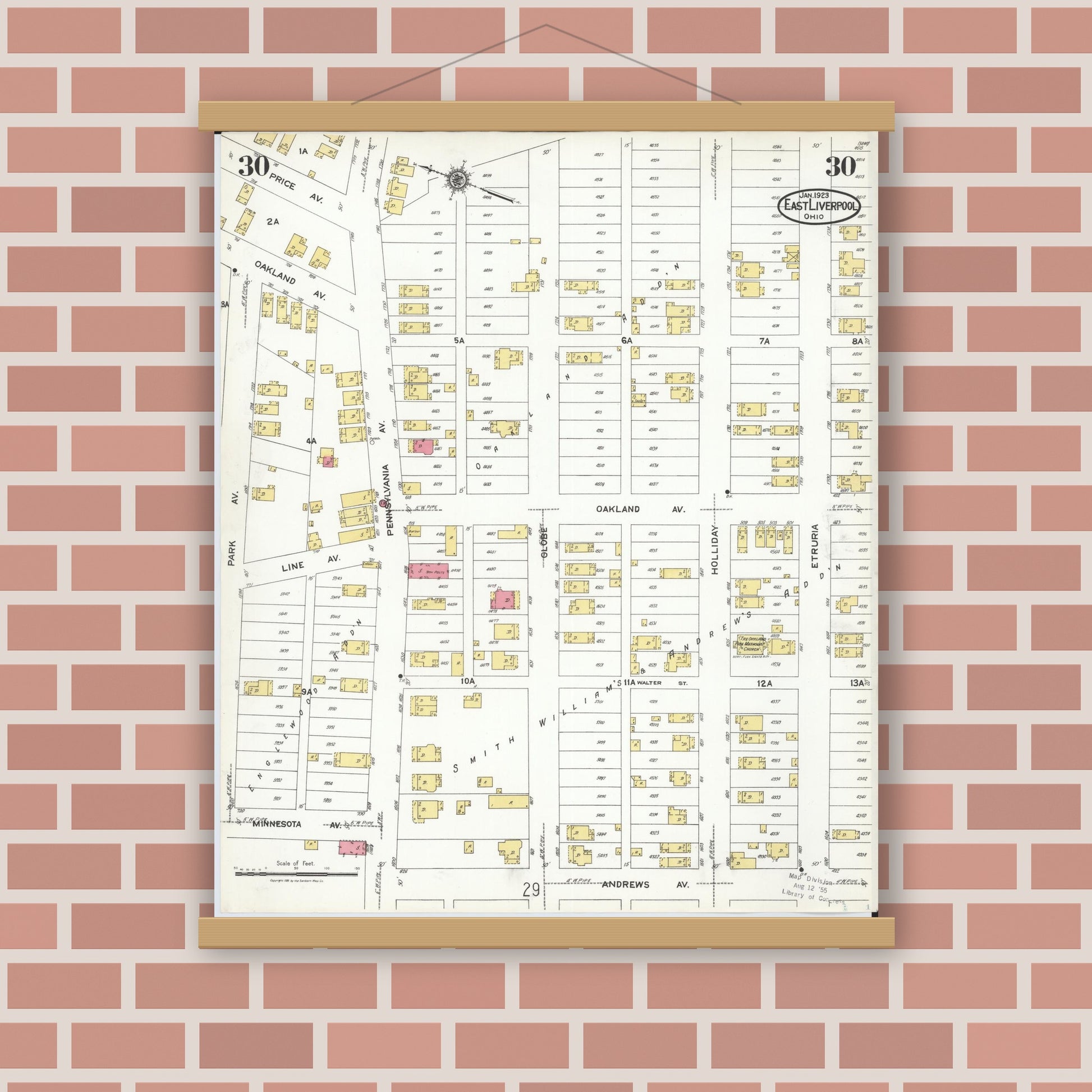 Old map wall art mockup — magnetic wood frame on brick wall — Sanborn Fire Insurance Map from East Liverpool, Columbiana County, Ohio (1923), Sheet #0030