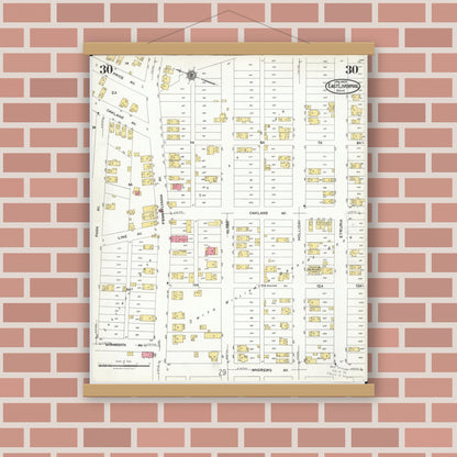Old map wall art mockup — magnetic wood frame on brick wall — Sanborn Fire Insurance Map from East Liverpool, Columbiana County, Ohio (1923), Sheet #0030