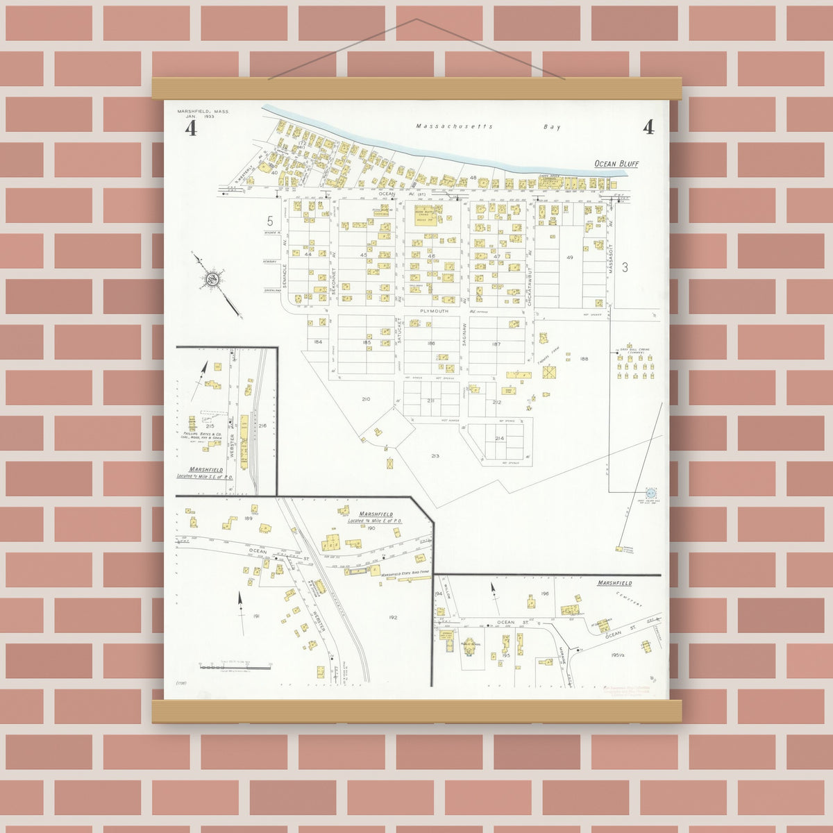 Old map wall art mockup — magnetic wood frame on brick wall — Sanborn Fire Insurance Map from Marshfield, Plymouth County, Massachusetts (1933), Sheet #0004