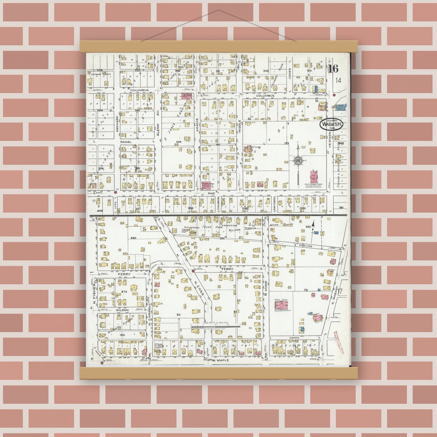 Old map wall art mockup — magnetic wood frame on brick wall — Sanborn Fire Insurance Map from Wabash, Wabash County, Indiana (1920), Sheet #0016