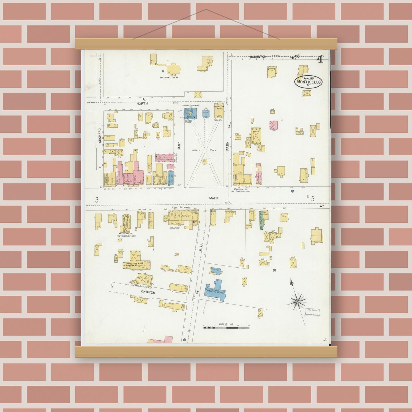 Old map wall art mockup — magnetic wood frame on brick wall — Sanborn Fire Insurance Map from Monticello, Sullivan County, New York (1904), Sheet #0004