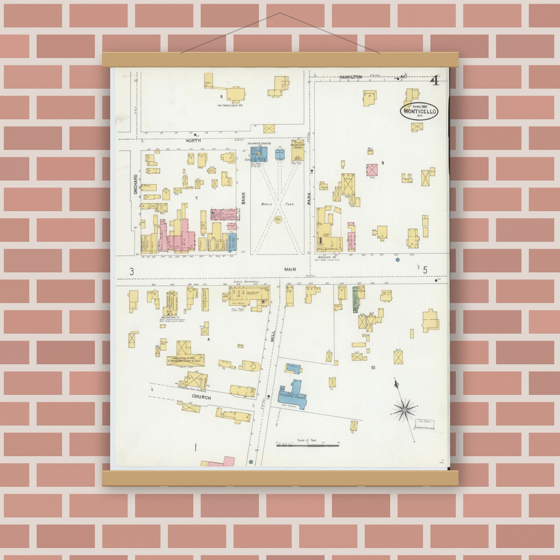 Old map wall art mockup — magnetic wood frame on brick wall — Sanborn Fire Insurance Map from Monticello, Sullivan County, New York (1904), Sheet #0004