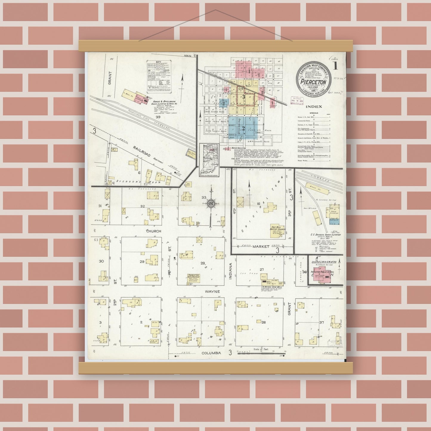 Old map wall art mockup — magnetic wood frame on brick wall — Sanborn Fire Insurance Map from Pierceton, Kosciusko County, Indiana (1914) - Complete Map Set