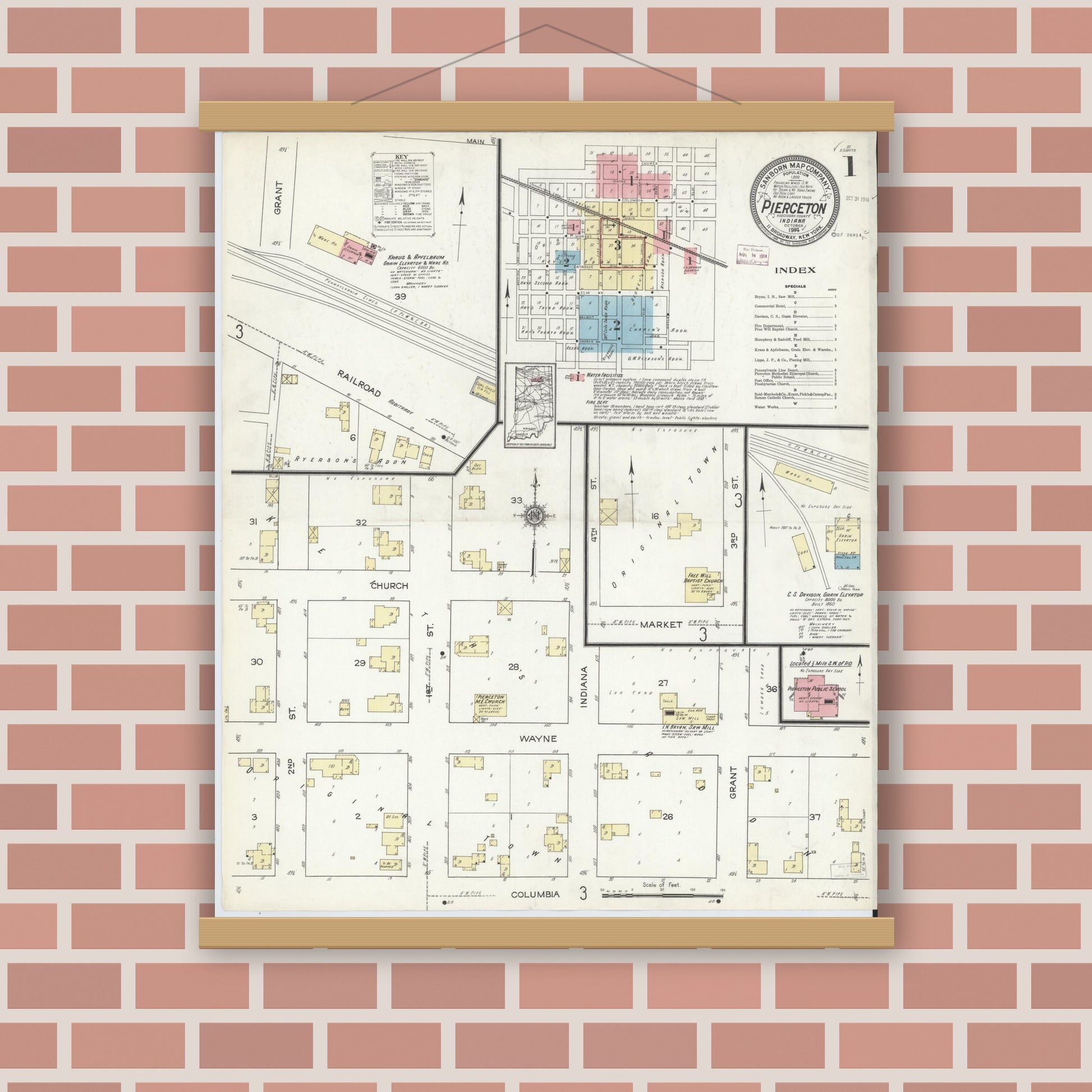Old map wall art mockup — magnetic wood frame on brick wall — Sanborn Fire Insurance Map from Pierceton, Kosciusko County, Indiana (1914) - Complete Map Set