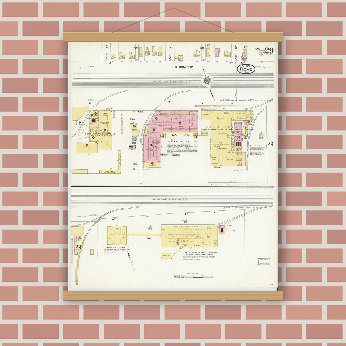 Old map wall art mockup — magnetic wood frame on brick wall — Sanborn Fire Insurance Map from Rome, Oneida County, New York (1909), Sheet #0029
