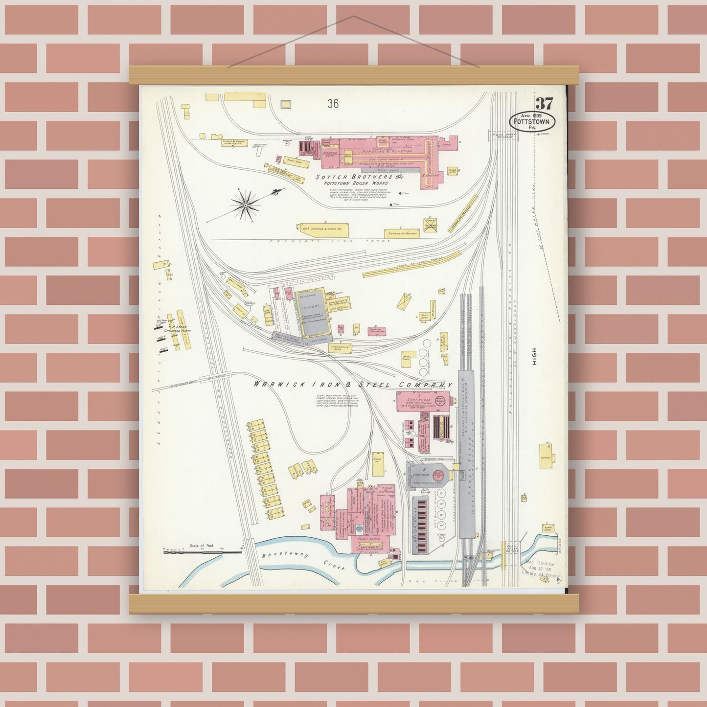 Old map wall art mockup — magnetic wood frame on brick wall — Sanborn Fire Insurance Map from Pottstown, Montgomery County, Pennsylvania (1909), Sheet #0037