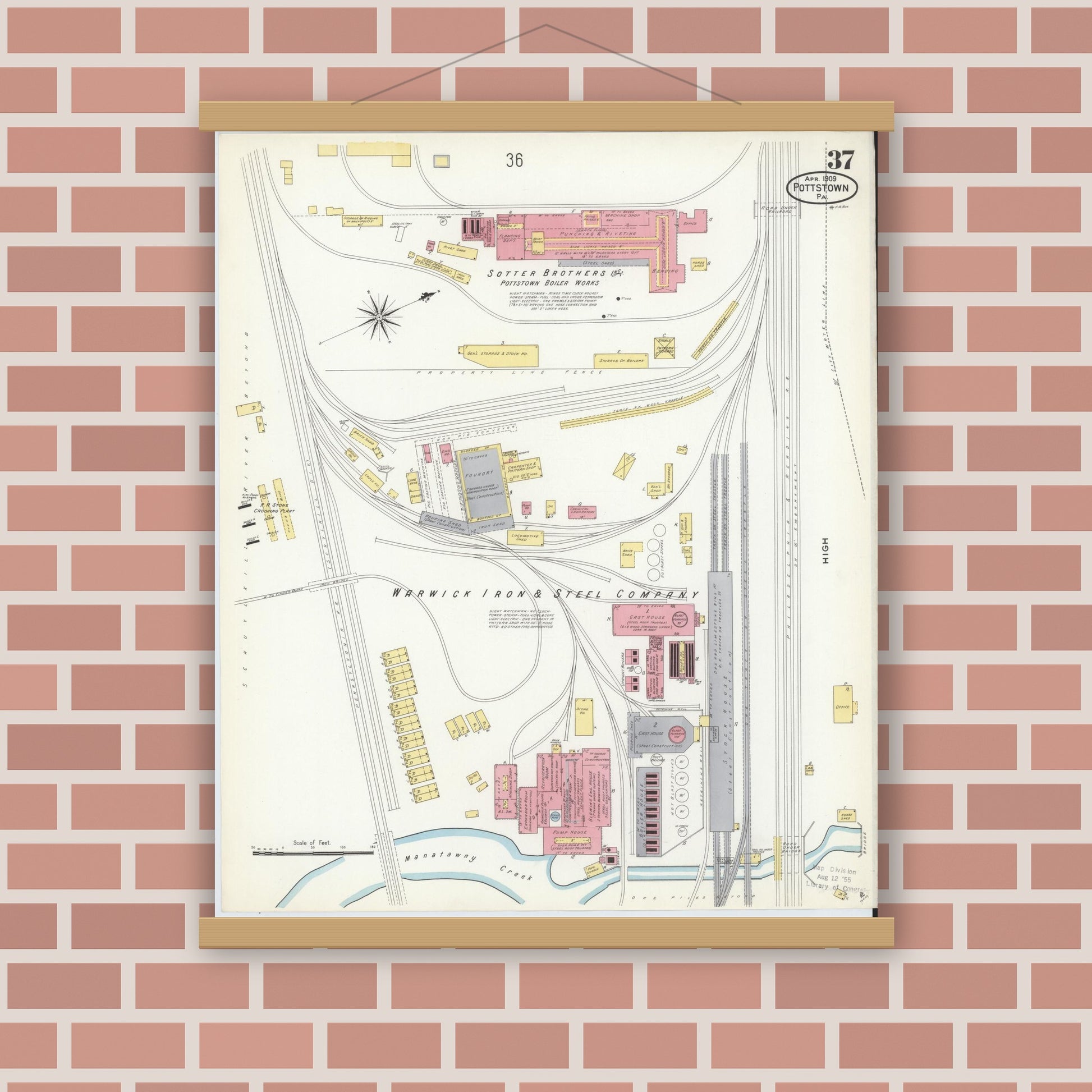 Old map wall art mockup — magnetic wood frame on brick wall — Sanborn Fire Insurance Map from Pottstown, Montgomery County, Pennsylvania (1909), Sheet #0037