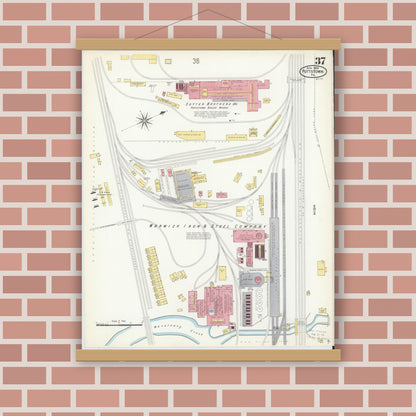 Old map wall art mockup — magnetic wood frame on brick wall — Sanborn Fire Insurance Map from Pottstown, Montgomery County, Pennsylvania (1909), Sheet #0037