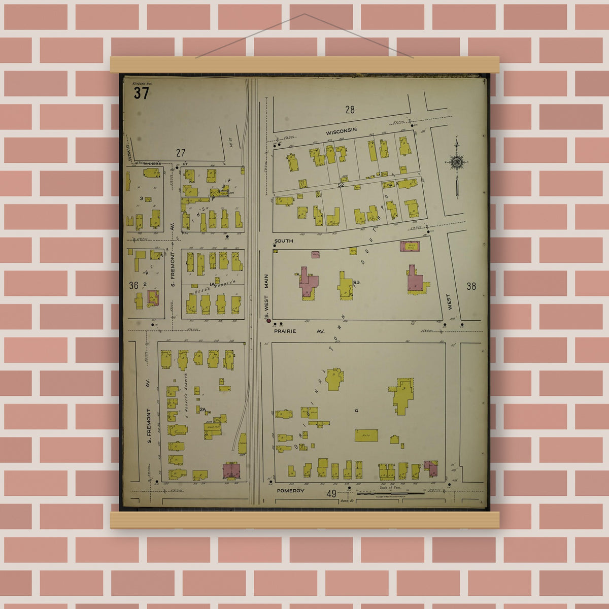 Old map wall art mockup — magnetic wood frame on brick wall — Sanborn Fire Insurance Map from Kenosha, Kenosha County, Wisconsin. (1918), Sheet 41