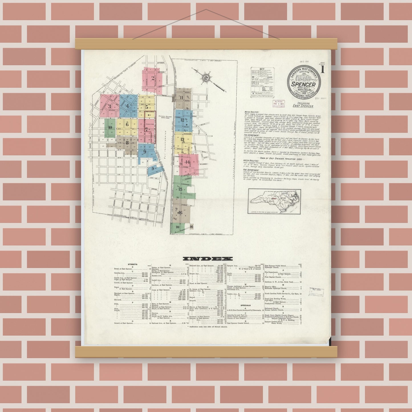 Old map wall art mockup — magnetic wood frame on brick wall — Sanborn Fire Insurance Map from Spencer, Rowan County, North Carolina (1913) - Complete Map Set