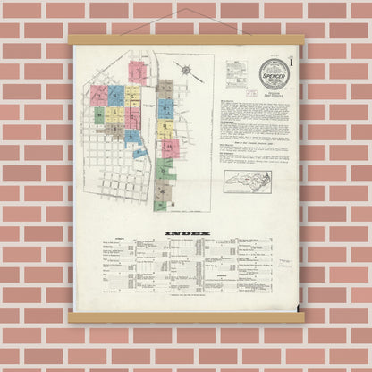 Old map wall art mockup — magnetic wood frame on brick wall — Sanborn Fire Insurance Map from Spencer, Rowan County, North Carolina (1913) - Complete Map Set
