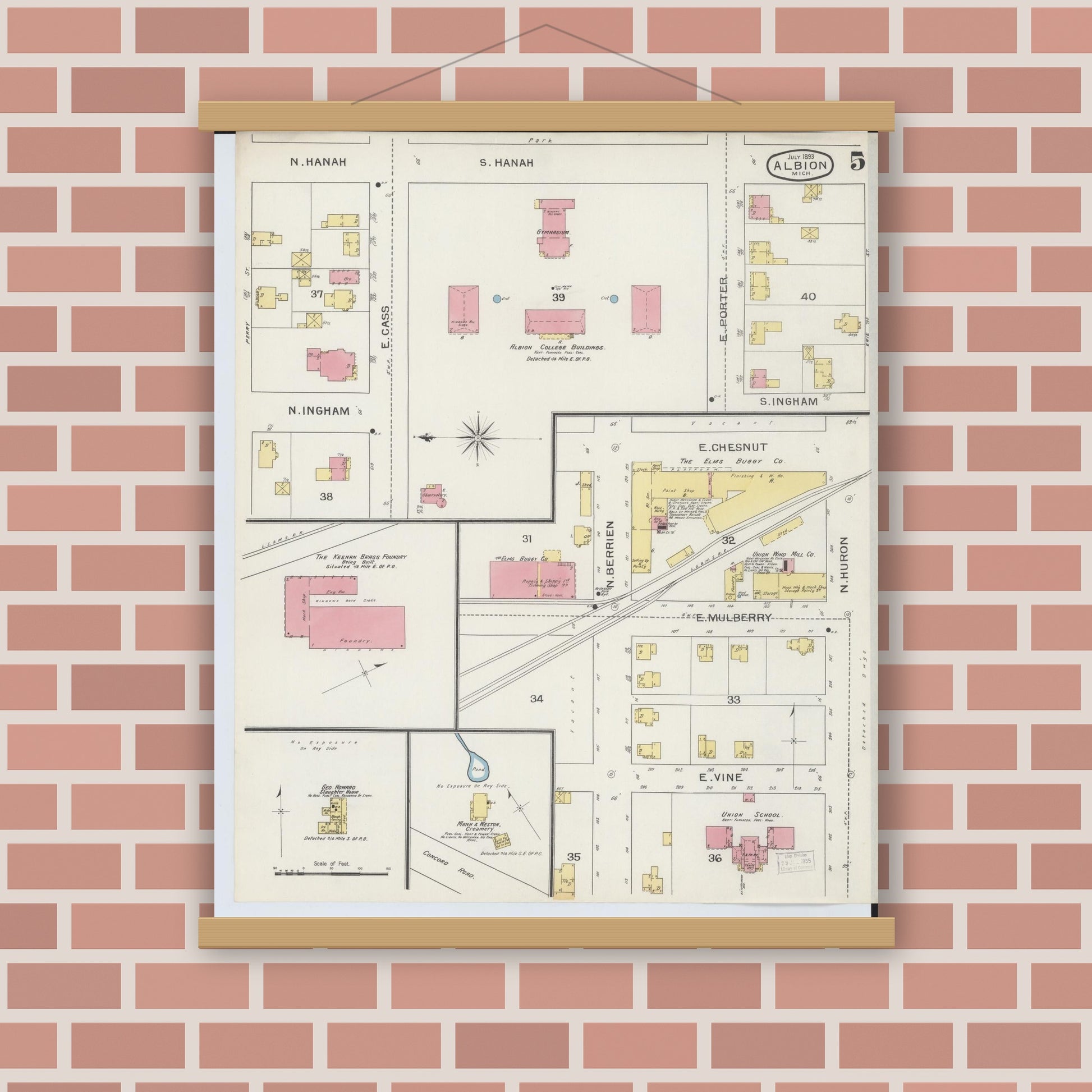 Old map wall art mockup — magnetic wood frame on brick wall — Sanborn Fire Insurance Map from Albion, Calhoun County, Michigan (1893), Sheet #0005