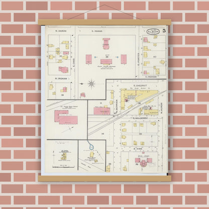 Old map wall art mockup — magnetic wood frame on brick wall — Sanborn Fire Insurance Map from Albion, Calhoun County, Michigan (1893), Sheet #0005