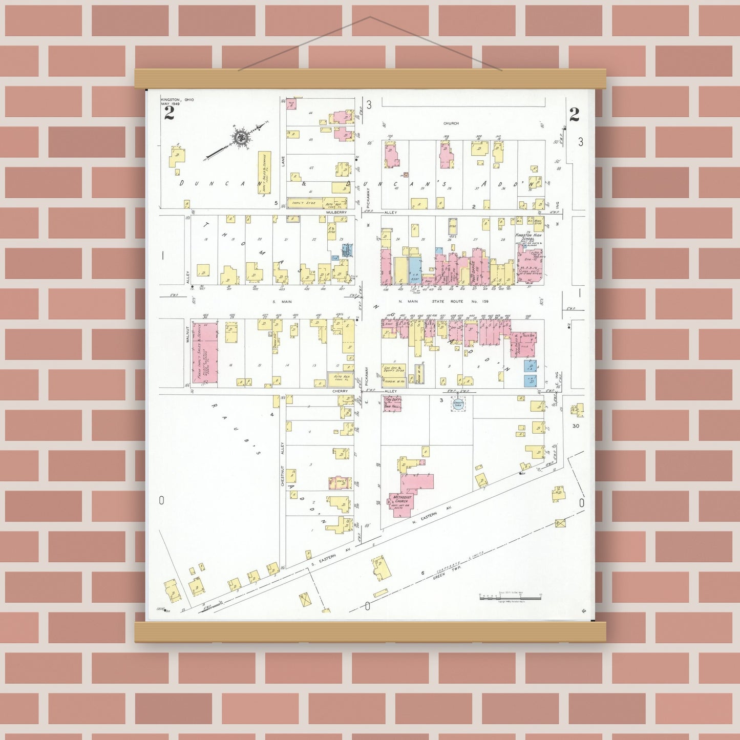 Old map wall art mockup — magnetic wood frame on brick wall — Sanborn Fire Insurance Map from Kingston, Ross County, Ohio (1949), Sheet #0002