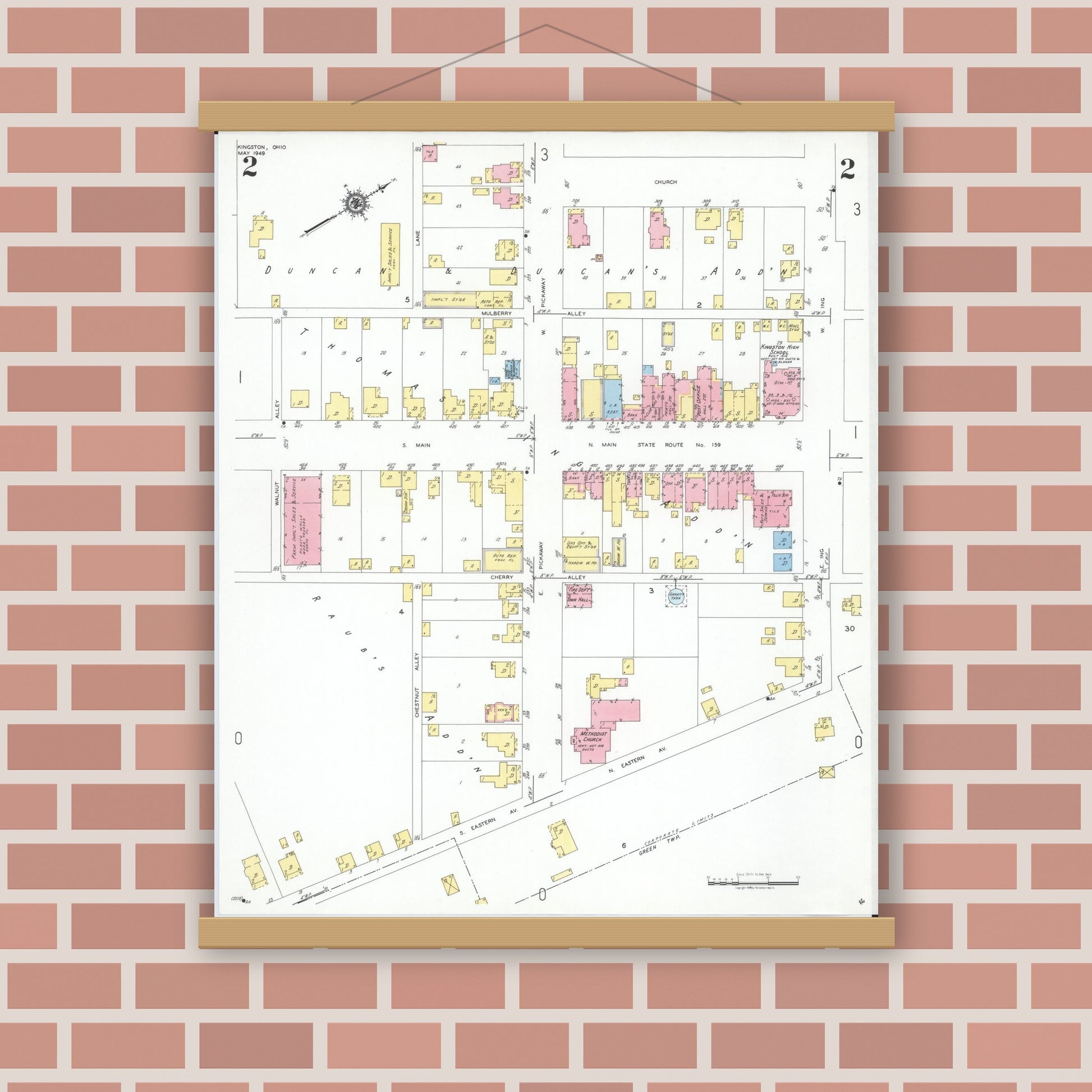 Old map wall art mockup — magnetic wood frame on brick wall — Sanborn Fire Insurance Map from Kingston, Ross County, Ohio (1949), Sheet #0002