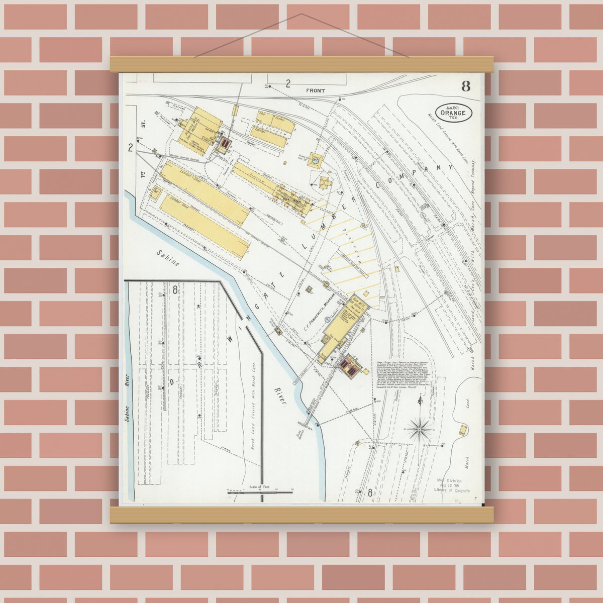 Old map wall art mockup — magnetic wood frame on brick wall — Sanborn Fire Insurance Map from Orange, Orange County, Texas (1901), Sheet #0008