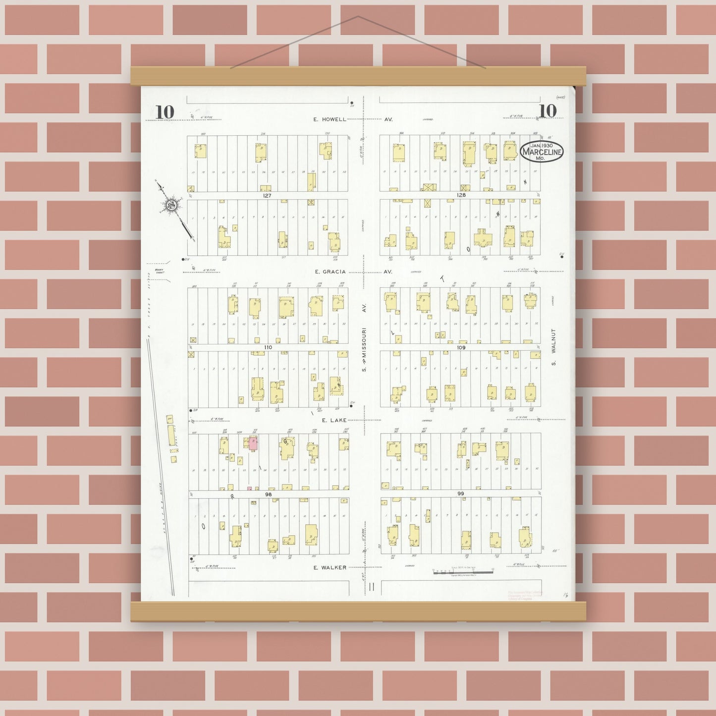 Old map wall art mockup — magnetic wood frame on brick wall — Sanborn Fire Insurance Map from Marceline, Linn County, Missouri (1930), Sheet #0010