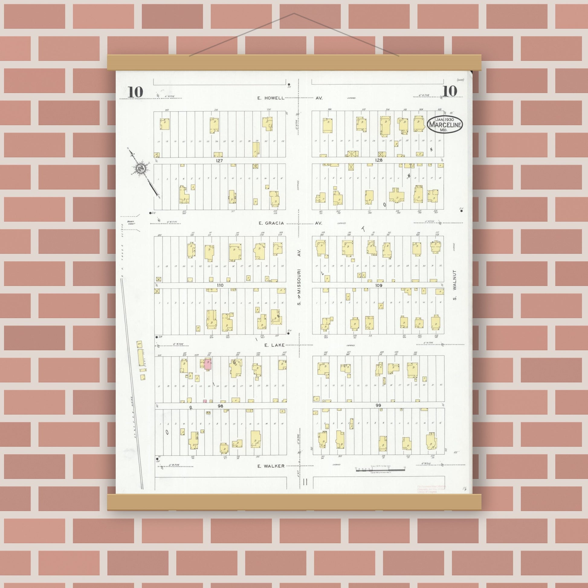 Old map wall art mockup — magnetic wood frame on brick wall — Sanborn Fire Insurance Map from Marceline, Linn County, Missouri (1930), Sheet #0010