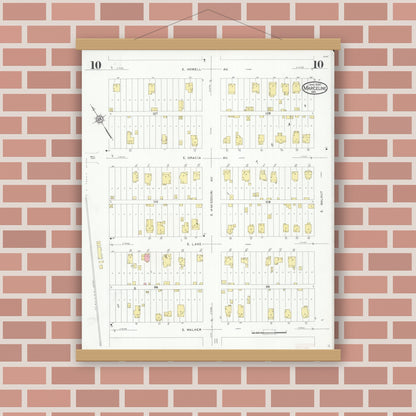 Old map wall art mockup — magnetic wood frame on brick wall — Sanborn Fire Insurance Map from Marceline, Linn County, Missouri (1930), Sheet #0010