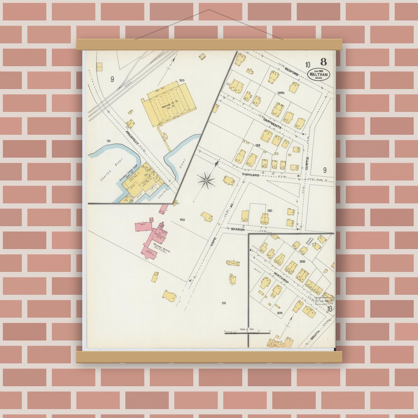 Old map wall art mockup — magnetic wood frame on brick wall — Sanborn Fire Insurance Map from Waltham, Middlesex County, Massachusetts (1903), Sheet #0008