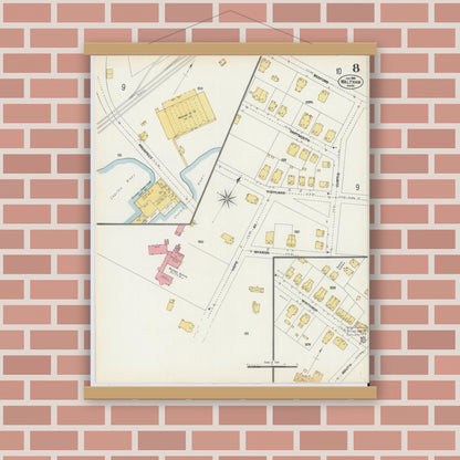 Old map wall art mockup — magnetic wood frame on brick wall — Sanborn Fire Insurance Map from Waltham, Middlesex County, Massachusetts (1903), Sheet #0008