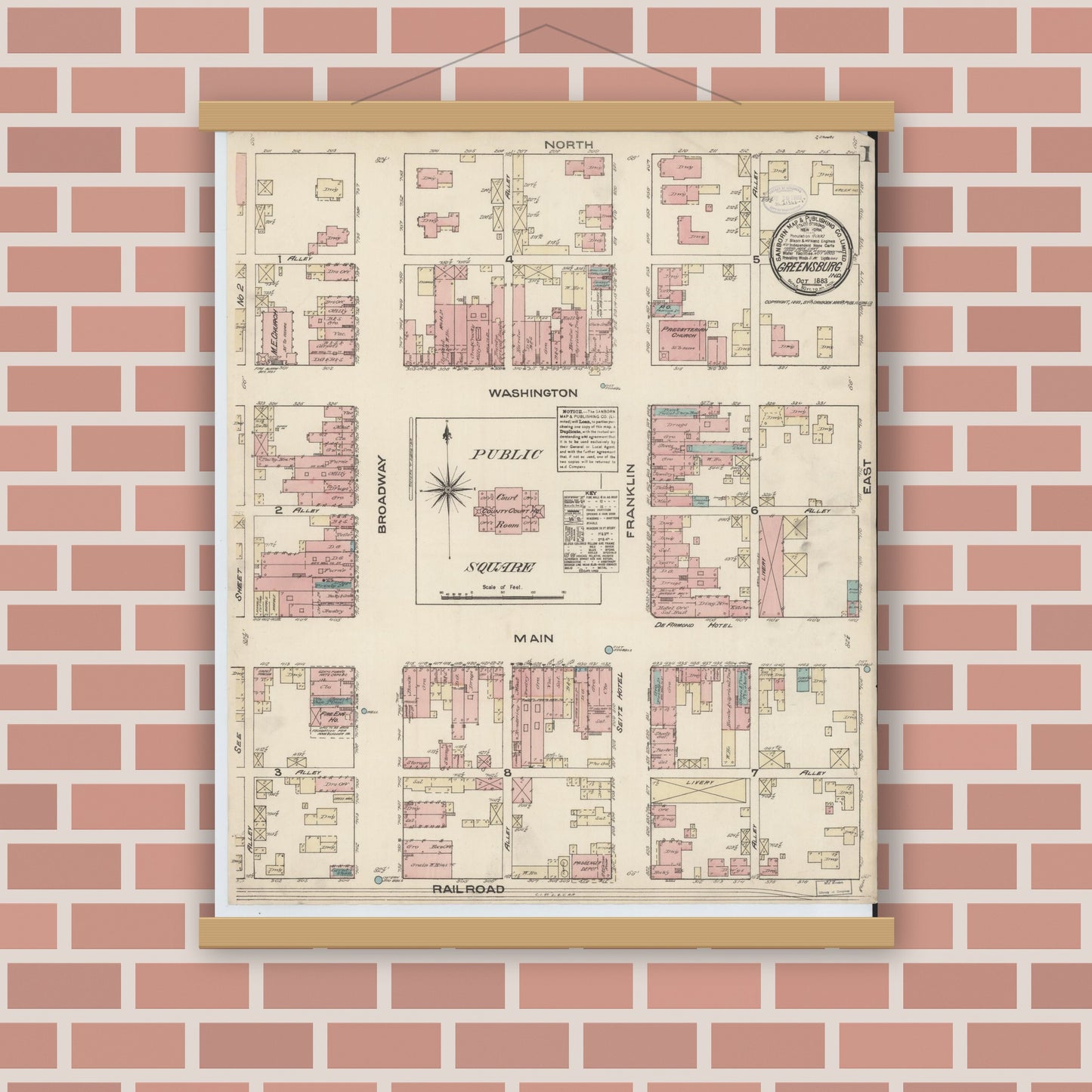 Old map wall art mockup — magnetic wood frame on brick wall — Sanborn Fire Insurance Map from Greensburg, Decatur County, Indiana (1883) - Complete Map Set