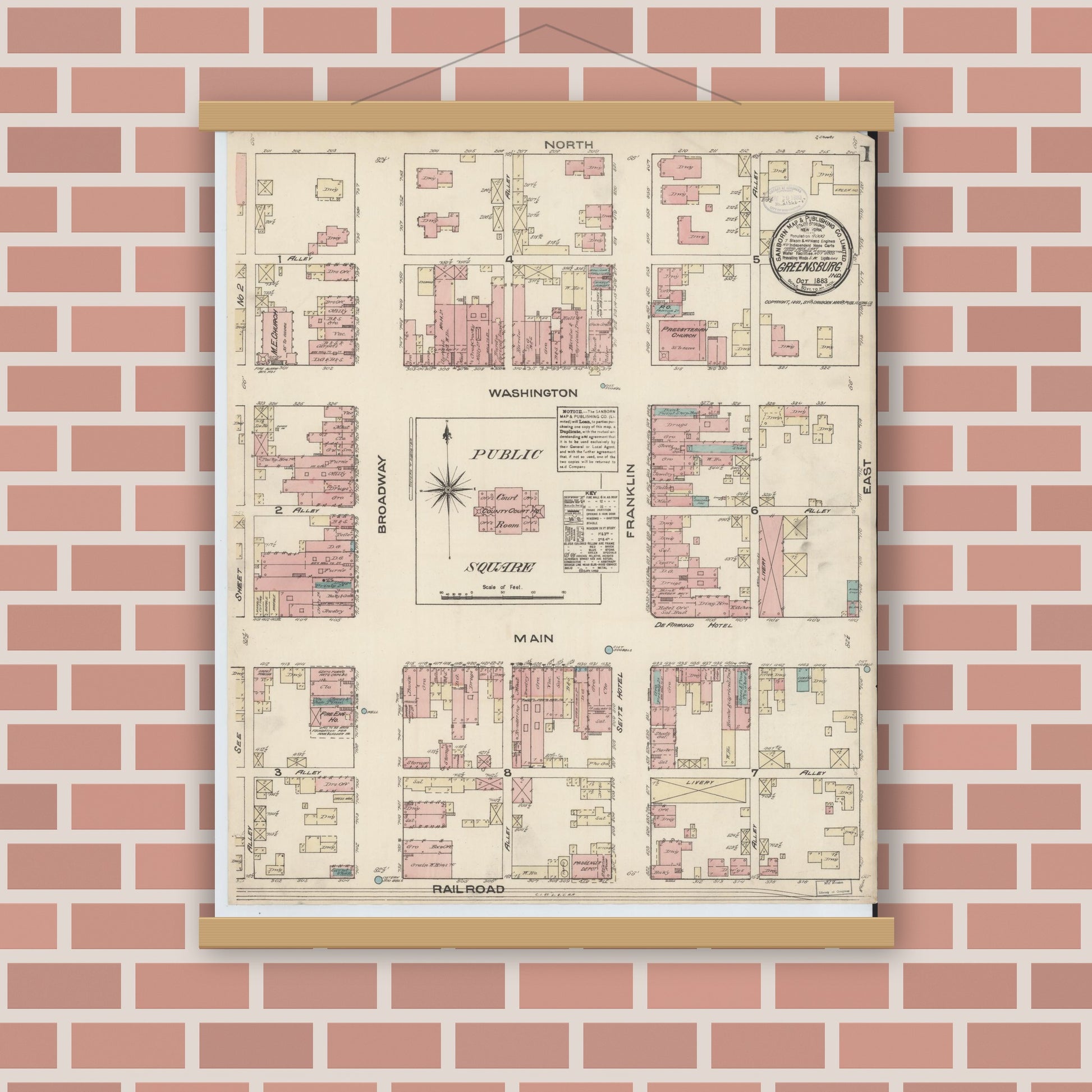 Old map wall art mockup — magnetic wood frame on brick wall — Sanborn Fire Insurance Map from Greensburg, Decatur County, Indiana (1883) - Complete Map Set